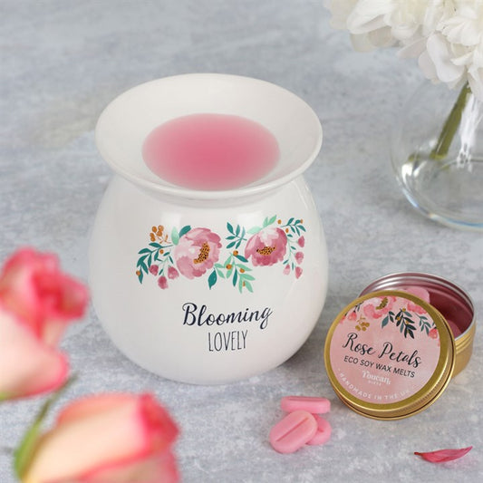 Blooming Lovely ceramic oil burner gift set boxed with rose petal soy wax melts