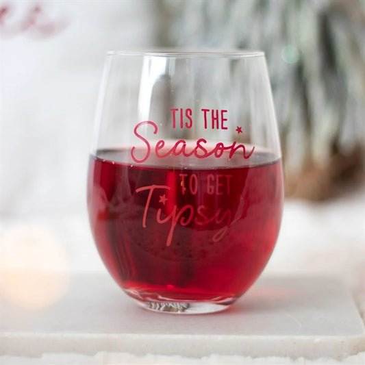 christmas 'tis the season stemless wine glass, fun and whimsical design, ideal gift for wine lovers and festive celebrations