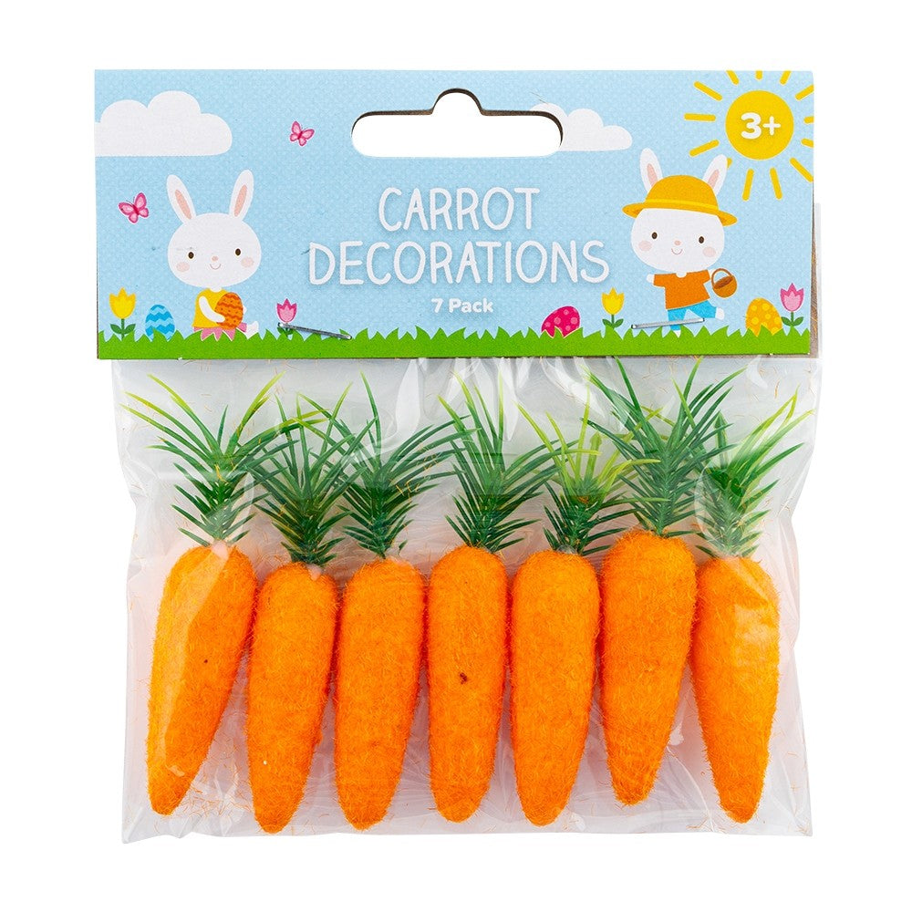 set of 7 Easter carrot decorations for spring displays, Easter crafts and seasonal home décor in bright festive colours
