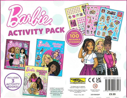 Barbie activity pack contents showing colouring book puzzle book and sticker sheets