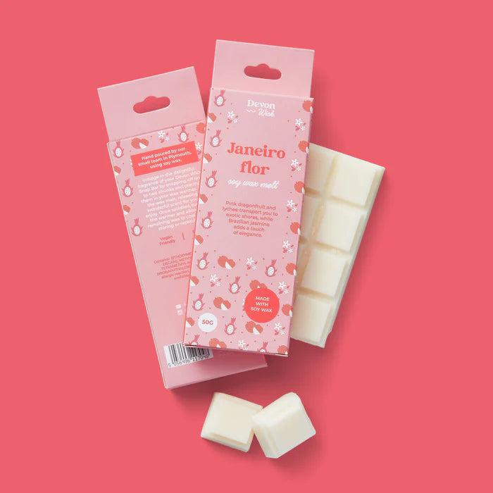 wax bar janeiro flor snap bar with pink dragonfruit, lychee, jasmine, ocean air, hibiscus, vanilla and musk