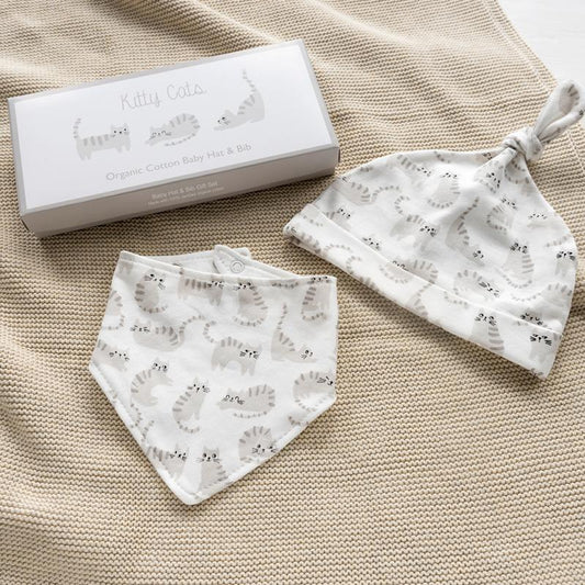 Organic Cotton Babies Hat & Bib Set -Cats