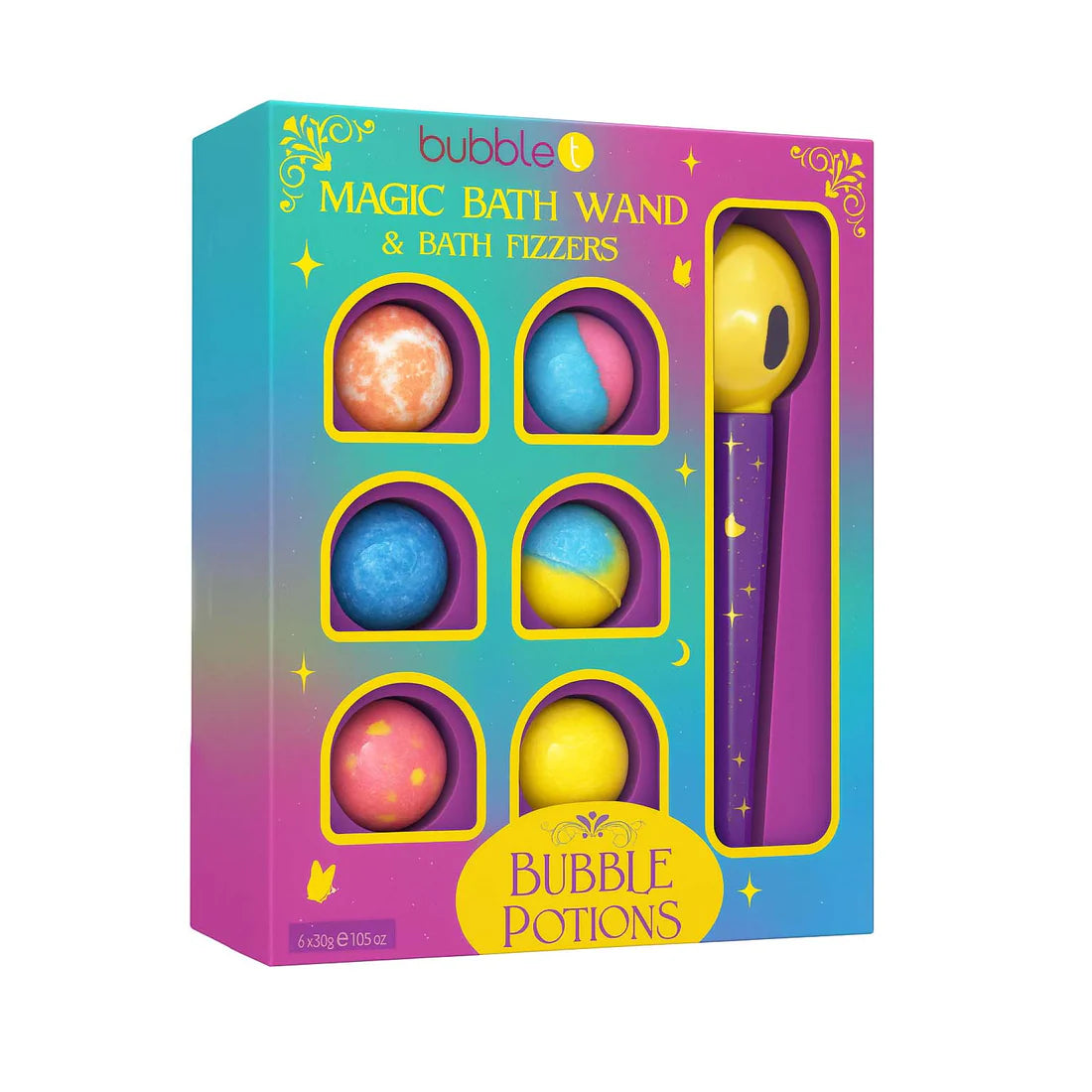 bath fizzers and magic wand in celestial-themed gift box with vibrant colours and glitter