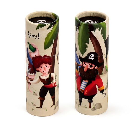 pirate themed colouring pencils pot showing front and back packaging views