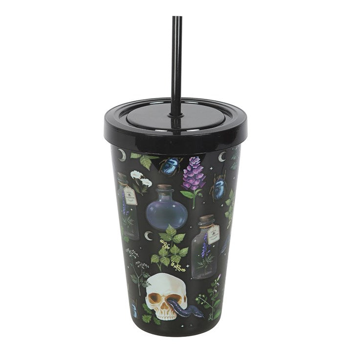 gothic skull and plant patterned plastic tumbler shown rotated to display design