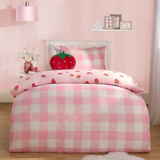 Strawberry gingham reversible children’s single duvet cover and pillowcase