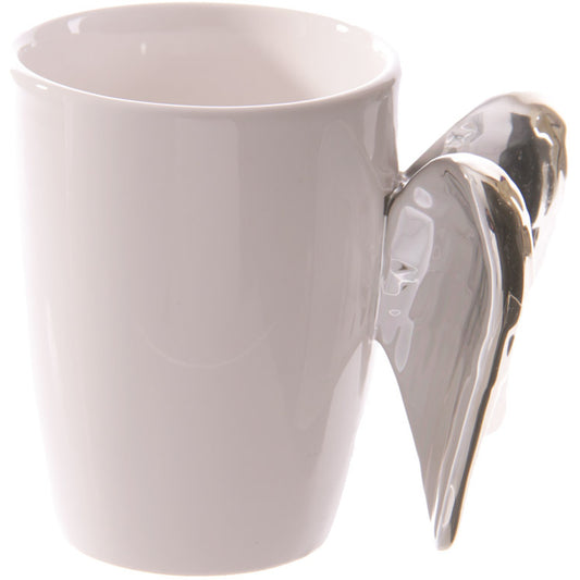 side view of ceramic mug with angel wings shaped handle