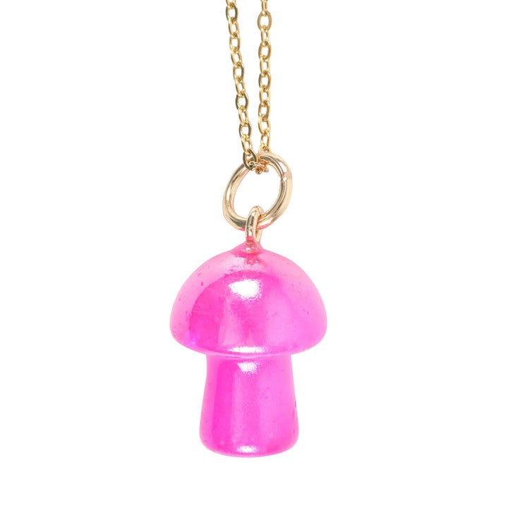 close up of pink mushroom pendant highlighting playful design and vibrant finish