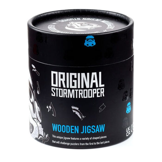 back view of licensed stormtrooper jigsaw puzzle in gift box, showing packaging details and branding