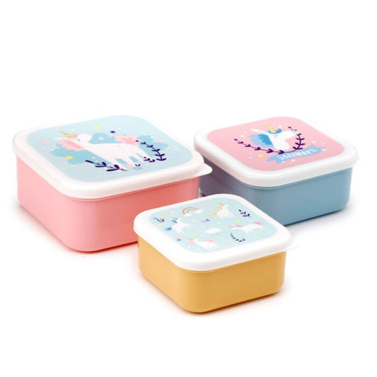 three unicorn magic lunch boxes in small, medium, and large sizes, stacked together