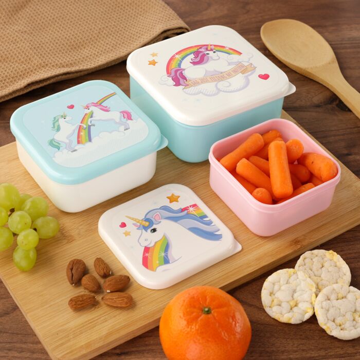 unicorn lunch boxes arranged in kitchen storage setting demonstrating practical everyday use