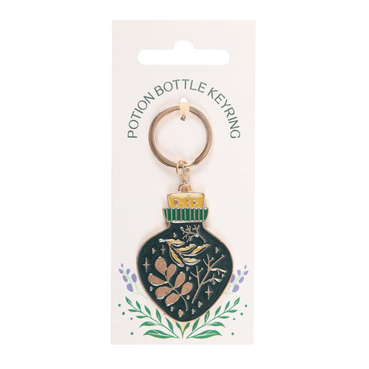 green witch potion bottle keyring displayed on presentation card against clean background