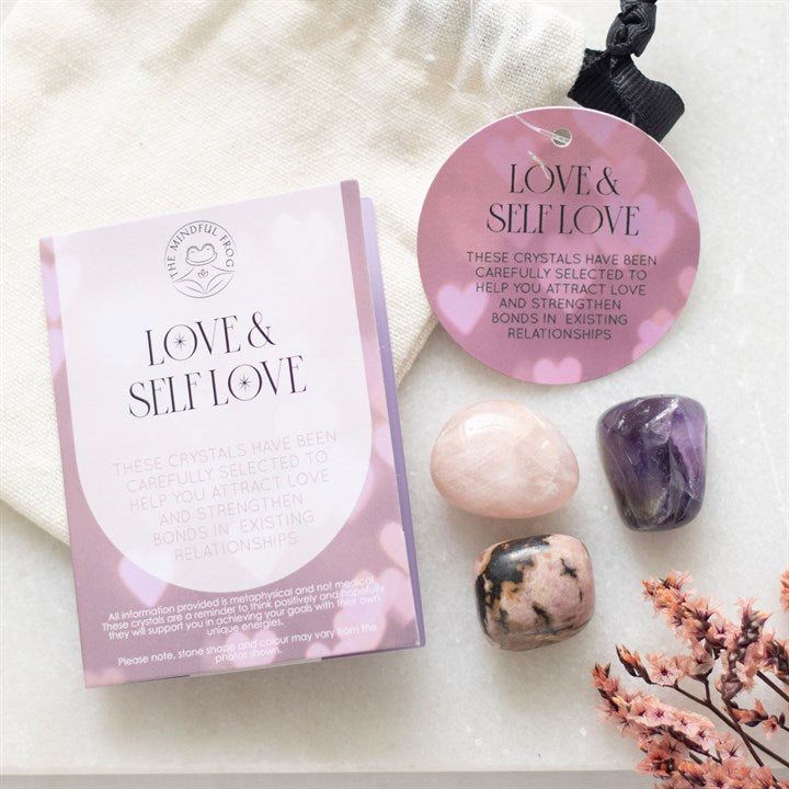opened crystal gift set displayed with pouch stones and information cards