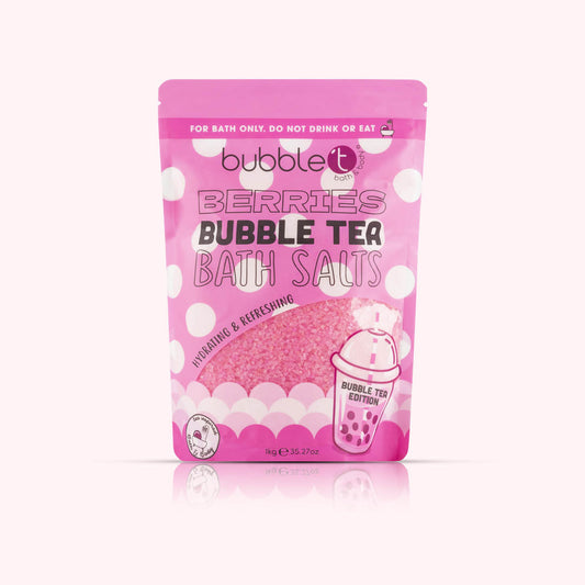 bubble t berries bath salts packaging showing large bag for self care bathing routine