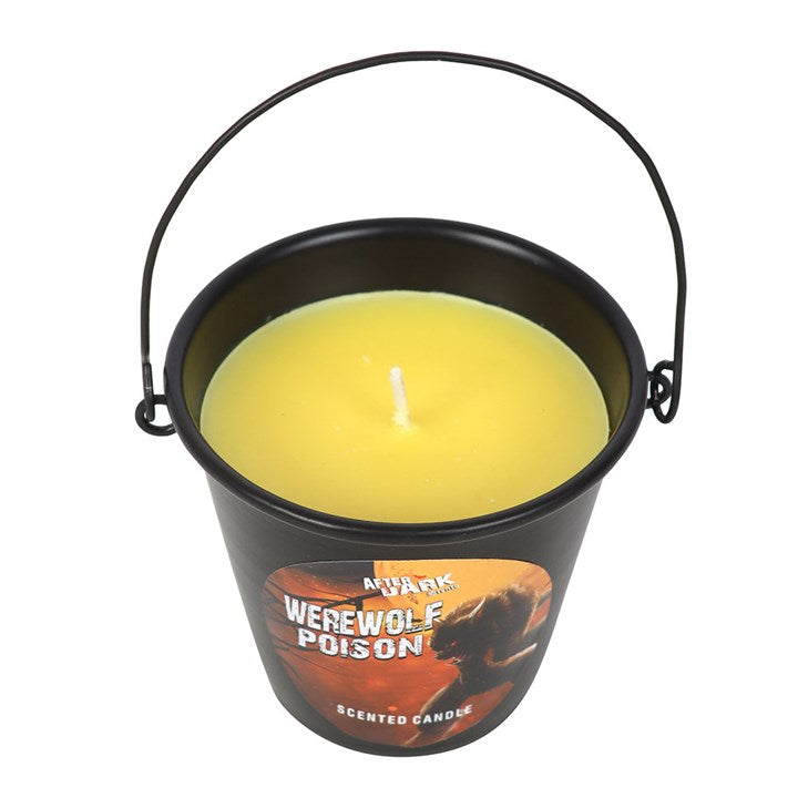 metal bucket candle with gothic werewolf theme shown from alternative angle
