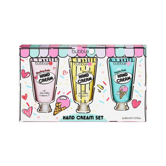 bubble t handcream trio alternative view of boxed hand cream gift set highlighting playful packaging