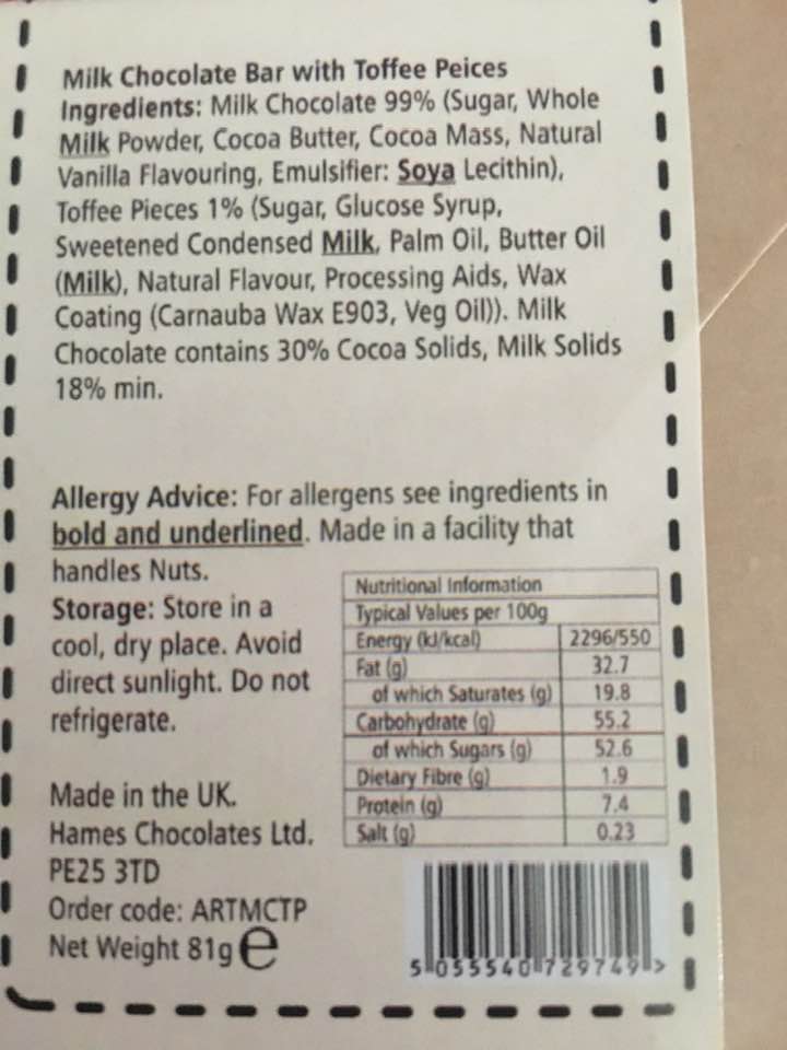 Milk Chocolate with Toffee Pieces Artisan Chocolate Bar