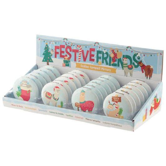 christmas festive friends animals compact mirror retail box, displays all variants, adorable llama design, great for gifts or stocking fillers