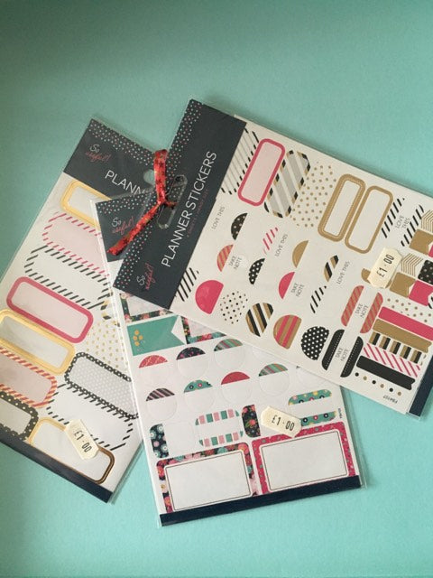 3 designs of planner stickers than can be used for card-making and other projects as well as planners!  Each pack contains 4 sheets of stickers, same designs on each sheet.  3 packs in each set.  Sheet size: 13cm x 18cm approx.  Designs are: Flags: assortment of flag banners, labels and tags. Bullet Points: assortment of phrases and smaller tags. Labels: assortment of label shaped stickers.