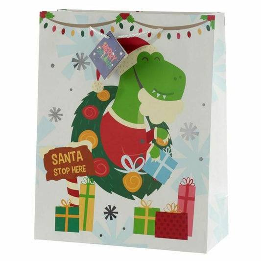 Christmas Santa Stop Here Dinosaur Gift Bag