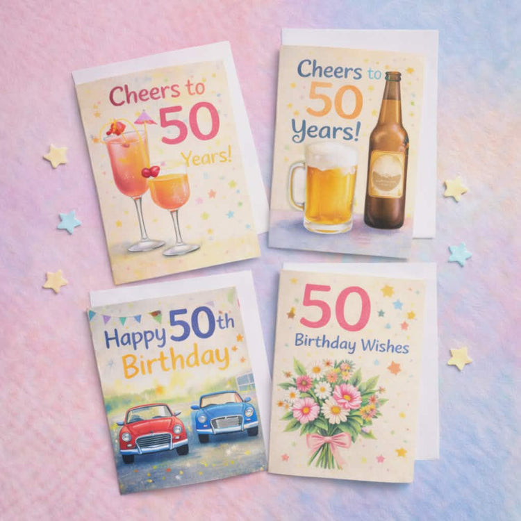 50th birthday cards collection featuring playful elegant and sentimental designs for milestone celebrations