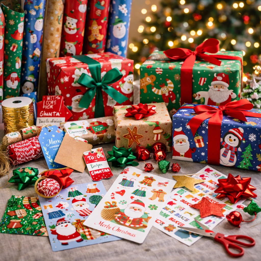 christmas gift wrap and accessories collection featuring wrapping paper bags tags and festive finishing touches