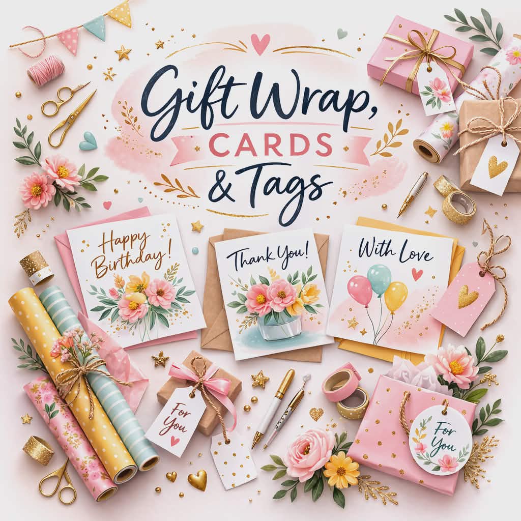 gift wrap and greeting cards collection featuring coordinated wrapping paper cards and tags for complete gifting