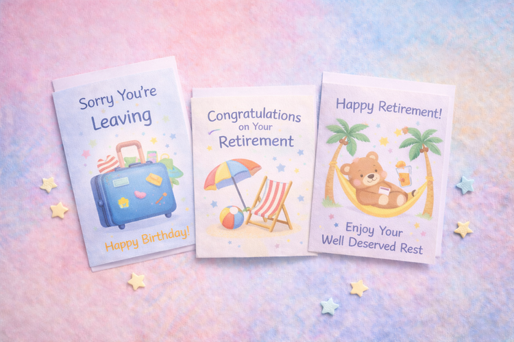 retiring and leaving cards collection featuring thoughtful celebratory designs for farewells and new beginnings