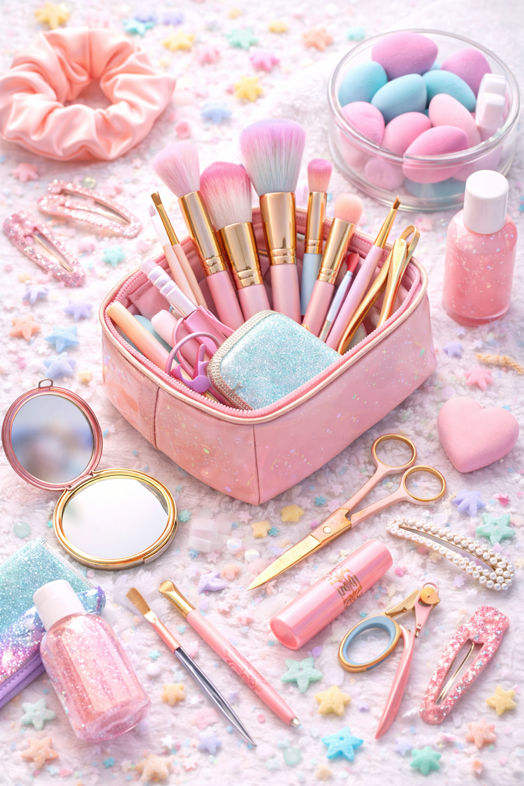 beauty accessories collection featuring mirrors tweezers grooming tools and unicorn themed essentials