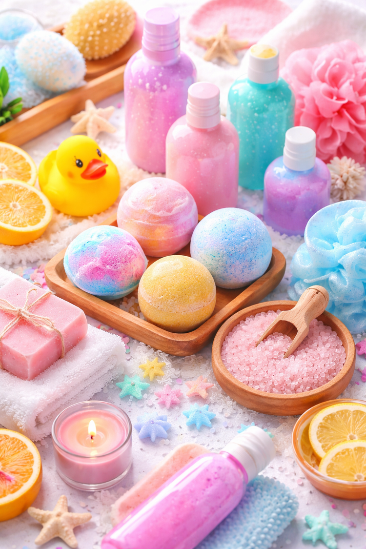 bath products collection featuring bath fizzers bubbles body care and giftable pampering essentials