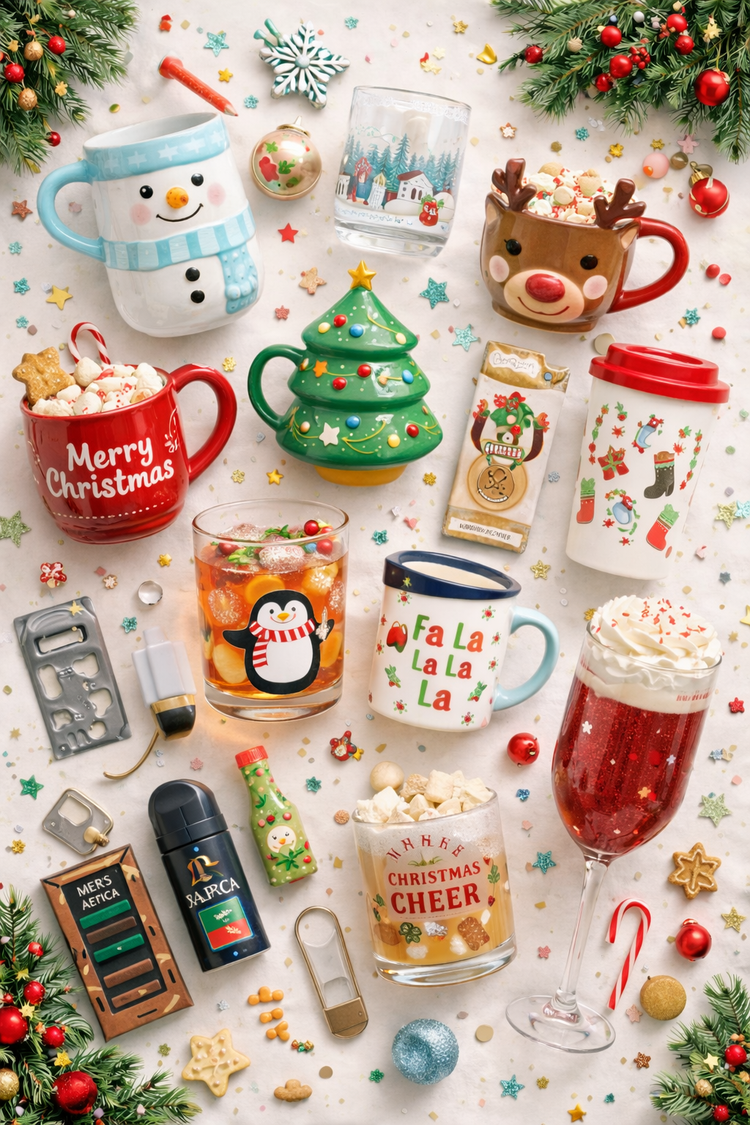 christmas mugs and drinkware collection featuring festive cups glasses and cosy seasonal designs