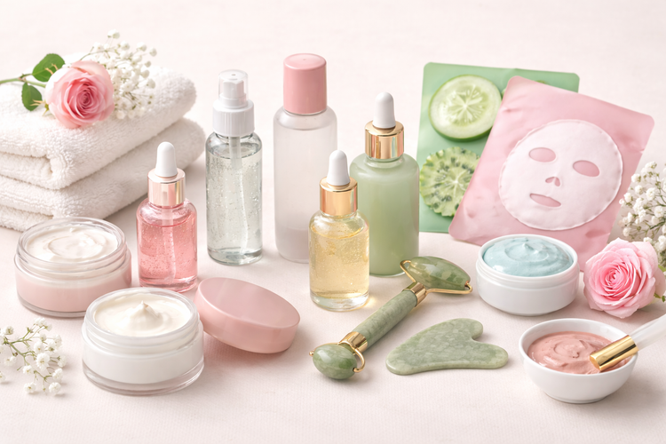 face care products collection featuring sheet masks serums and skincare essentials for self care routines