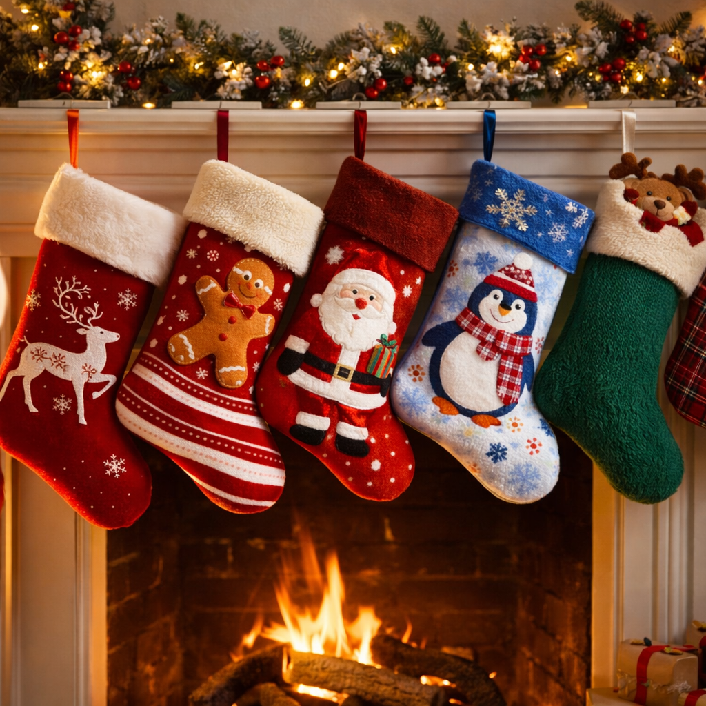 christmas stockings collection featuring festive designs for filling with small gifts and treats