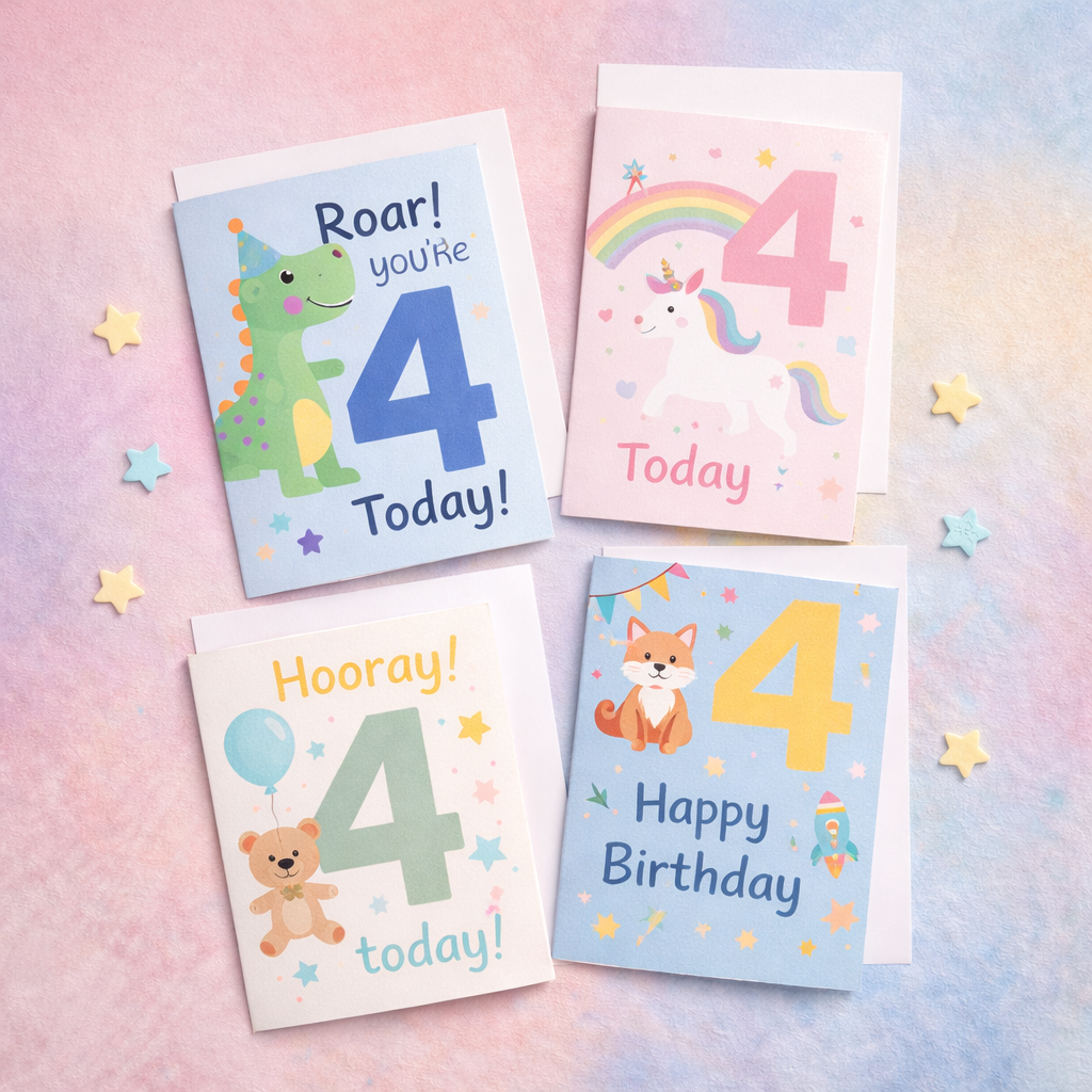 4th birthday cards collection featuring playful and gentle designs for celebrating turning four