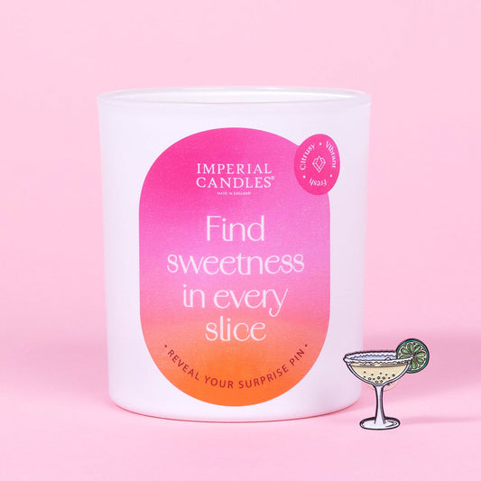 find sweetness in every slice imperial candle shown with collectible enamel pin