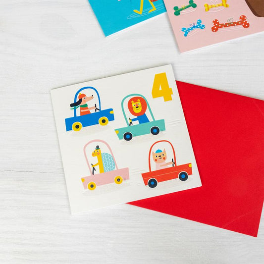 Age 4 Birthday Card Animals In Car