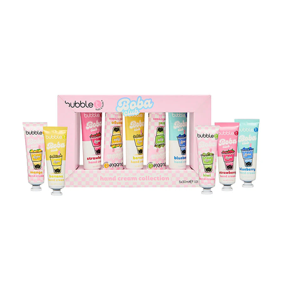 bubble t boba tea hand cream gift set with five mini tubes presented together for everyday hand care and gifting