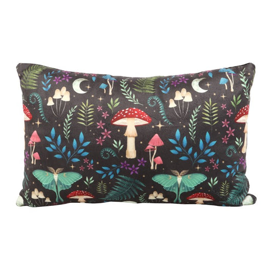rectangular cushion with fantasy woodland design photographed laid flat to show full pattern