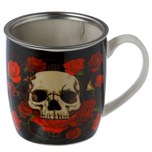 skulls and roses porcelain tea infuser mug showing removable metal strainer inside