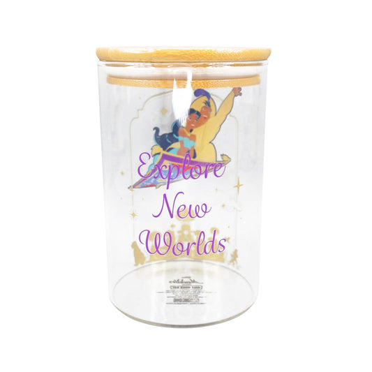 Disney Aladdin glass storage jar Explore New Worlds text rear view