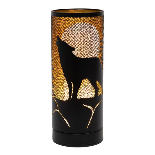 lisa parker wolf song metal aroma lamp front view with wolf silhouette cut out