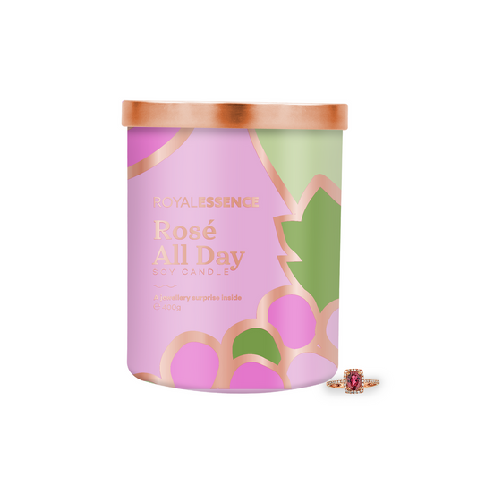 sealed royal essence rose all day rose gold candle in packaging with lid
