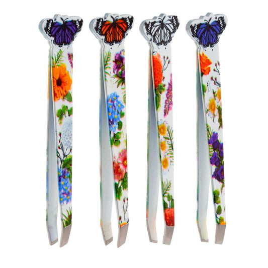 four variants of butterfly meadows tweezers in red, blue, white, and purple designs