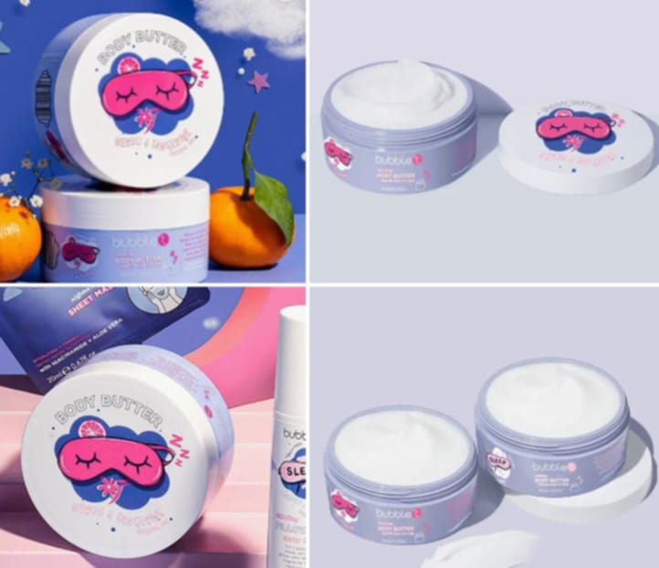 bubble t neroli and tangerine body butter composite showing product with lid open to reveal creamy texture