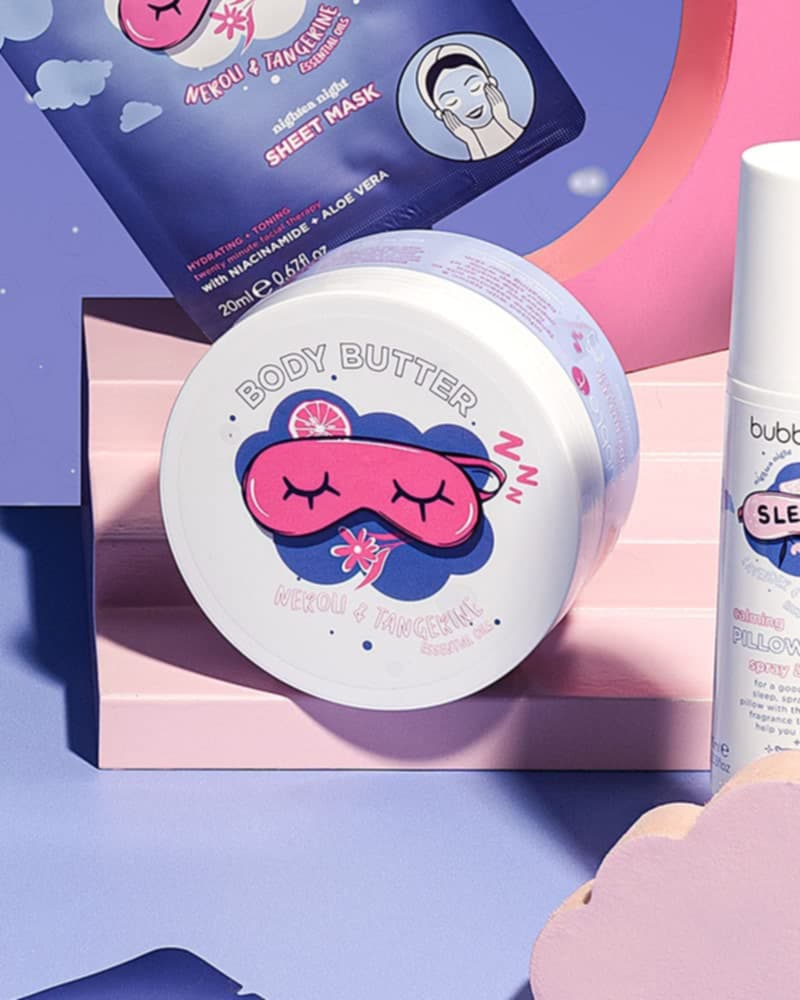 bubble t neroli and tangerine body butter 200g showing full product in a beauty setting