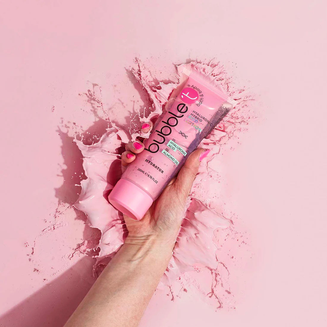 bubble t hybrid hyaluronic acid and almond oil body lotion 200ml shown in packaging for everyday skin hydration