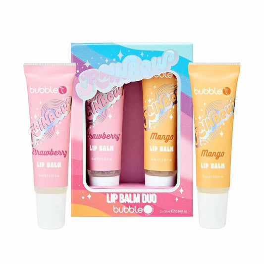 rainbow lip balm duo strawberry & mango, 10ml balms, nourishing lip care with strawberry and mango scents, smooth application, vegan-friendly and cruelty-free