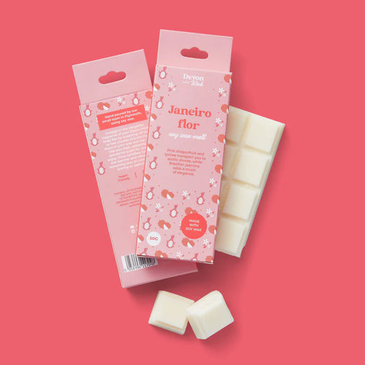 wax bar janeiro flor snap bar with pink dragonfruit, lychee, jasmine, ocean air, hibiscus, vanilla and musk