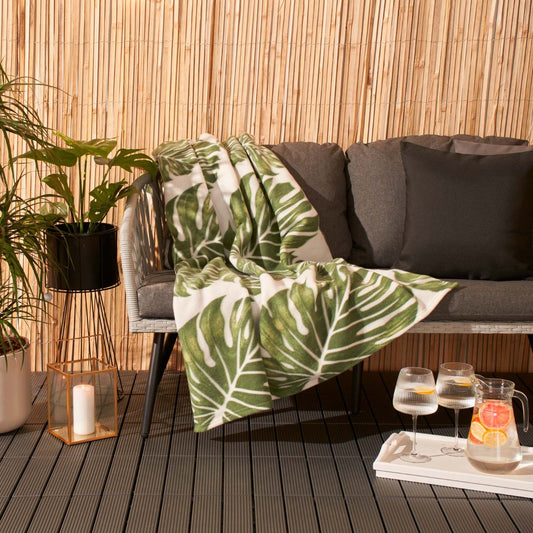 Tropical Leaf Print Fleece Throw Green