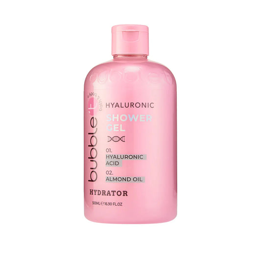 bubble t hyaluronic acid and almond oil shower gel bottle shown as a hydrating body wash for everyday use